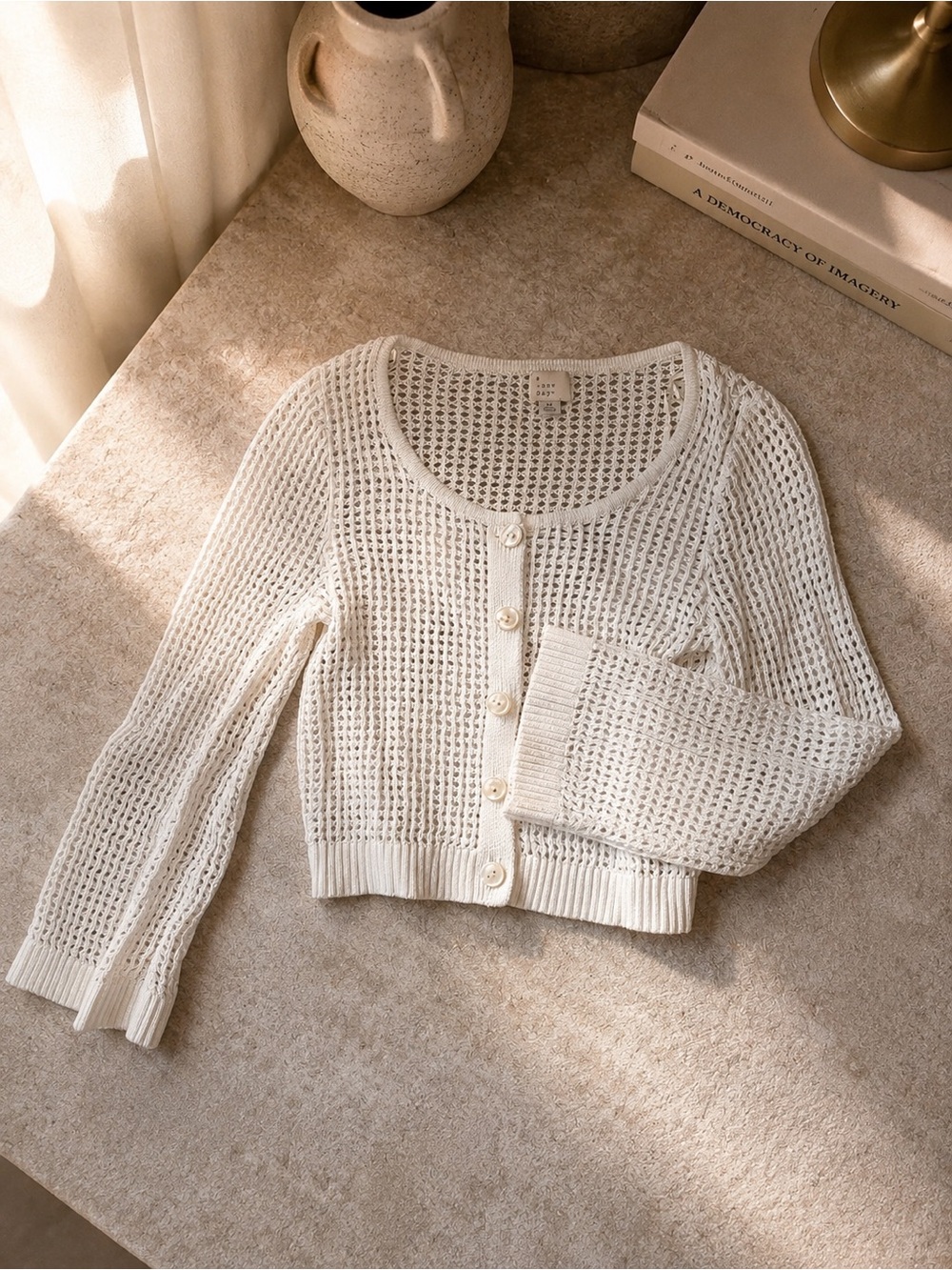 a new day cream/white open knit button cardigan sweater xs